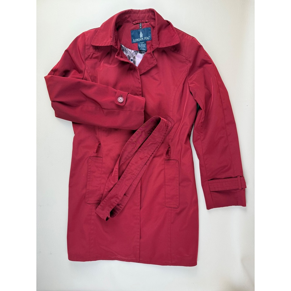 Classic Red Trench Coat Belted Floral Lining Medium London Fog
